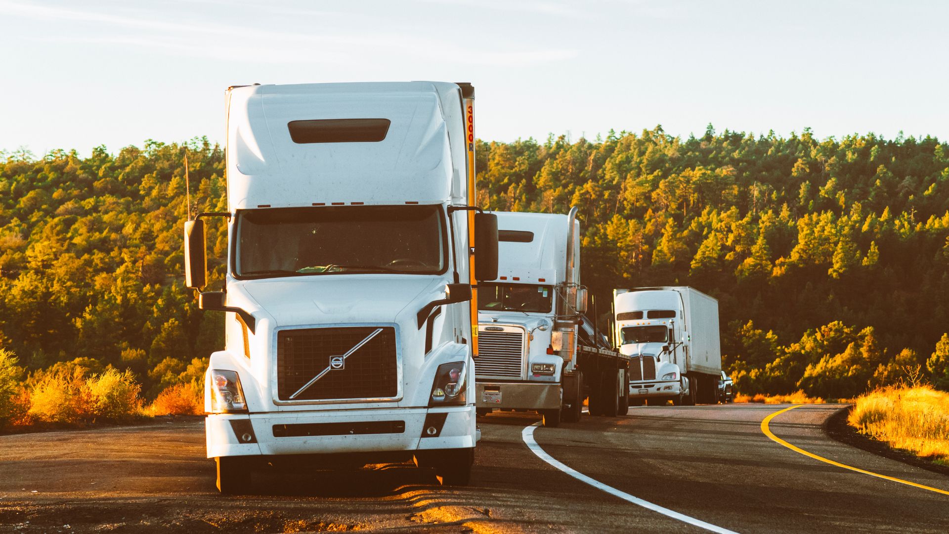 White semi-trucks driving on curved road through autumn forest at sunset